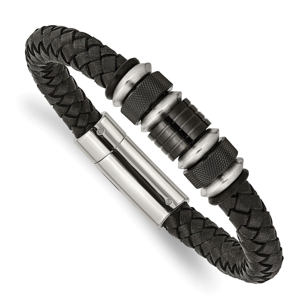 Diamond2Deal Stainless Steel Black IP-Plated Black Braided Leather and Rubber Bracelet for Men 8.5"