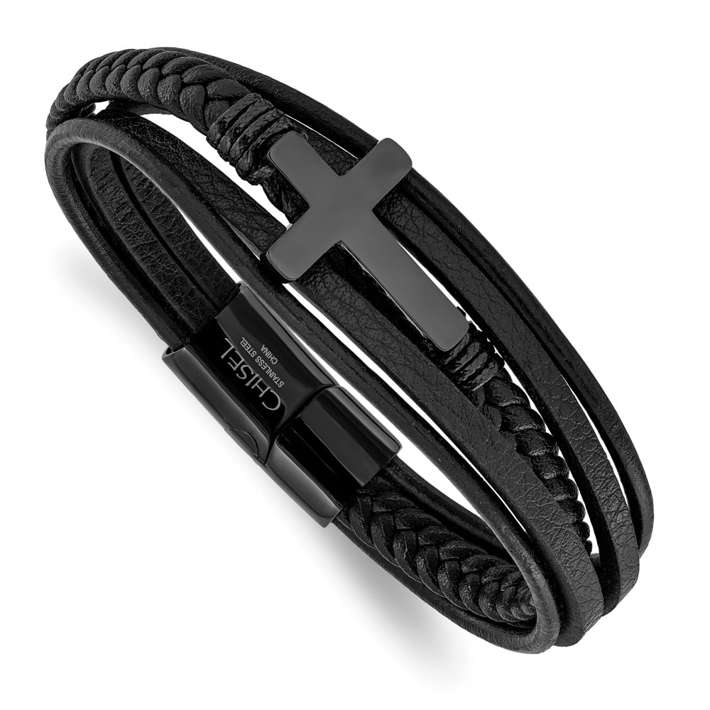 Diamond2Deal Stainless Steel Black IP-Plated Cross Black Polyurethane and Leather Multi Strand Bracelet for Men 8.75"