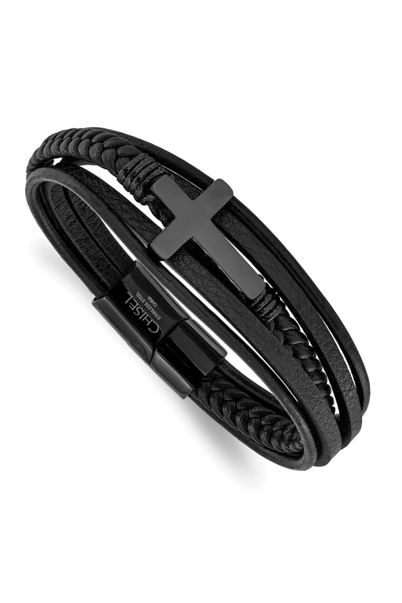 Stainless Steel Black IP-Plated Cross Black Polyurethane and Leather Multi Strand Bracelet for Men 8.75"