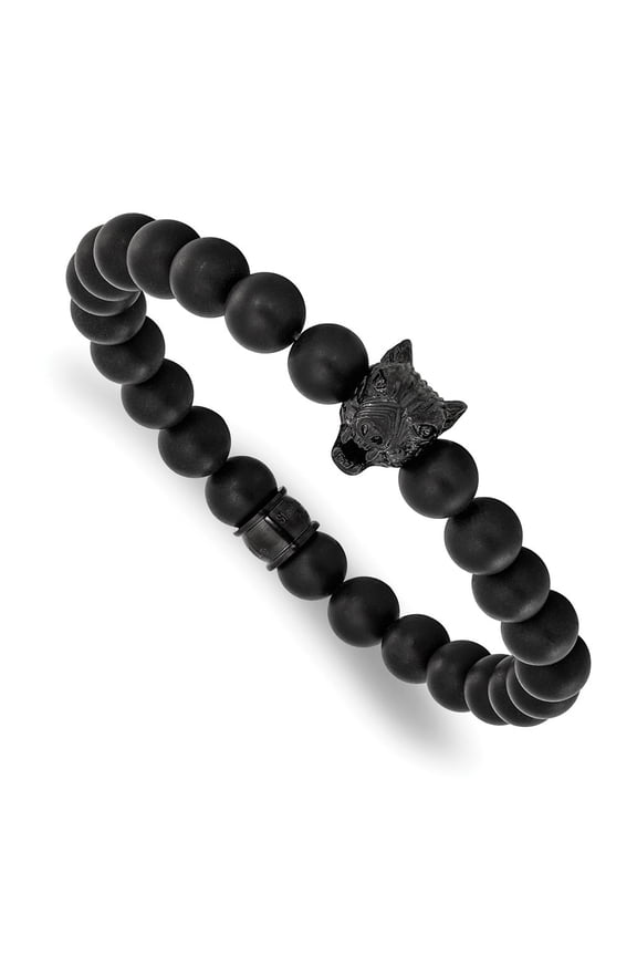 Stainless Steel Black IP-Plated Wolf Head Matte Black Agate Beaded Stretch Bracelet for Men 7"