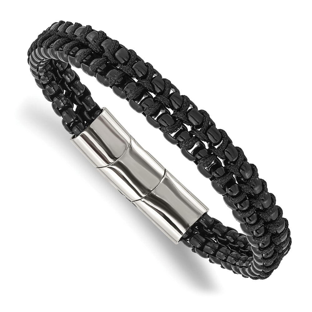 Diamond2Deal Stainless Steel Black IP-Plated with Black Cotton Bracelet for Men with .5 In Ext 8.5"