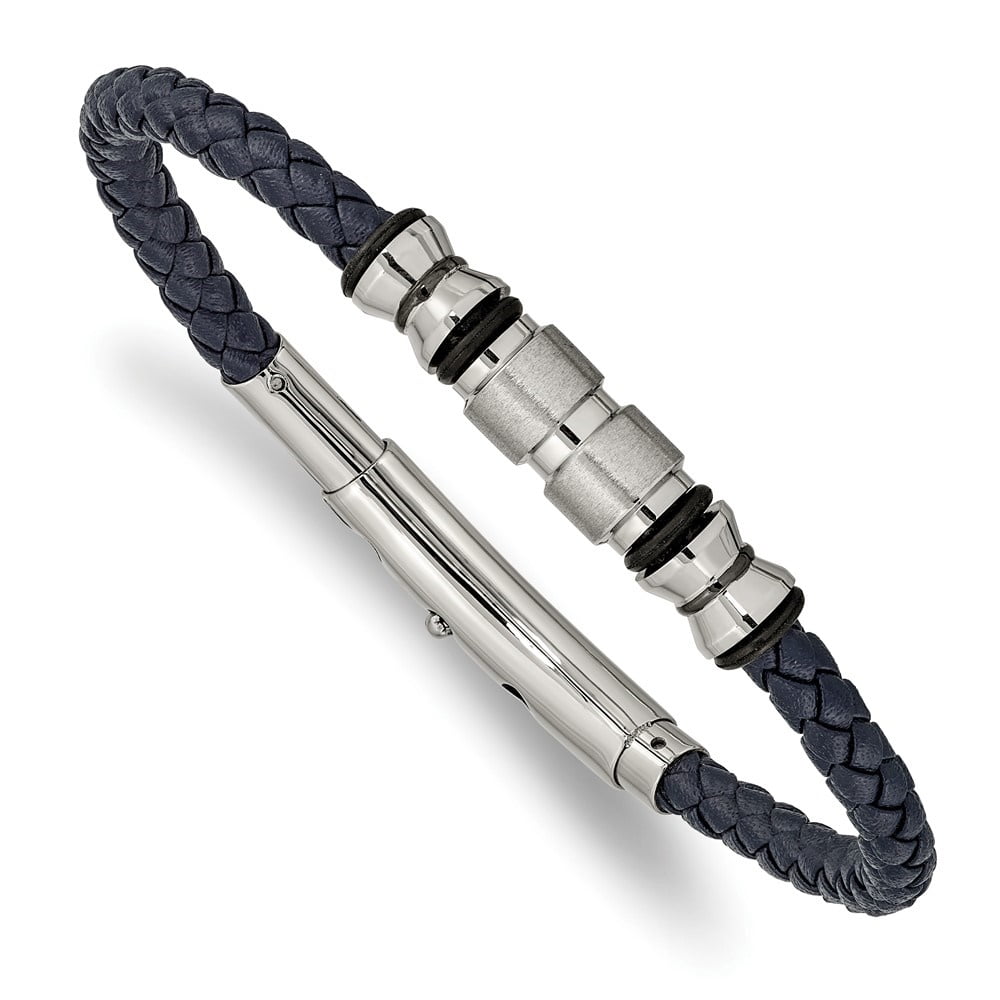 Diamond2Deal Stainless Steel Black IP-Plated with Rubber Blue Braided Leather Adjustable Bracelet for Men 8.5"