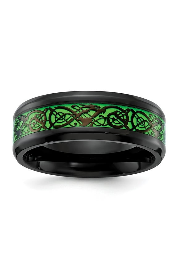 Stainless Steel Black IP-plated Dragon Design with Green Glow in the Dark Enamel 8mm Band Size 10