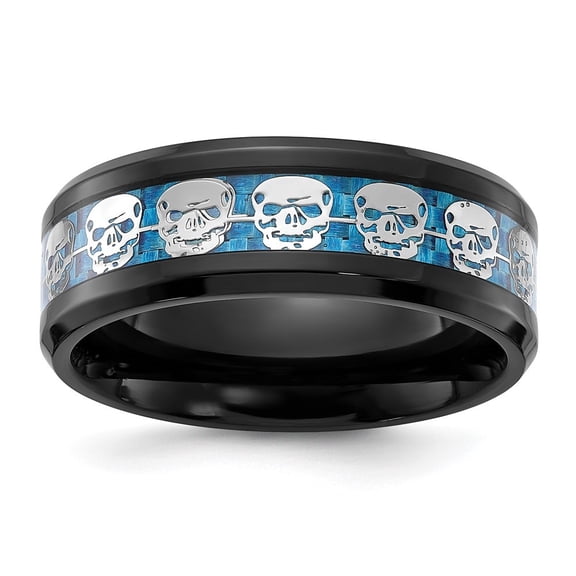 Diamond2Deal Stainless Steel Black IP-plated Skulls with Blue Carbon Fiber Inlay 8mm Band Size 8