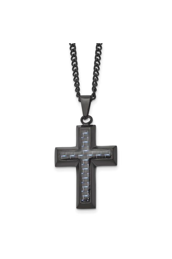 Stainless Steel Black IP-plated with Blue Carbon Fiber Inlay Cross Pendant on a Curb Chain Necklace for Men 24"