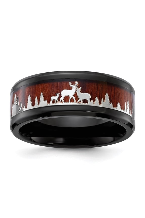 Stainless Steel Black IP-plated with Wood Inlay Deer in Forest Design 9mm Band Size 11