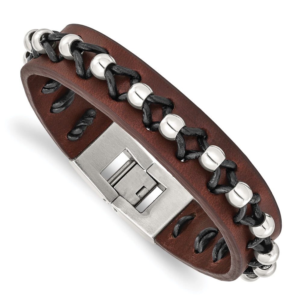 Diamond2Deal Stainless Steel Black and Brown Leather with Polished Beads Bracelet for Men 8.5"