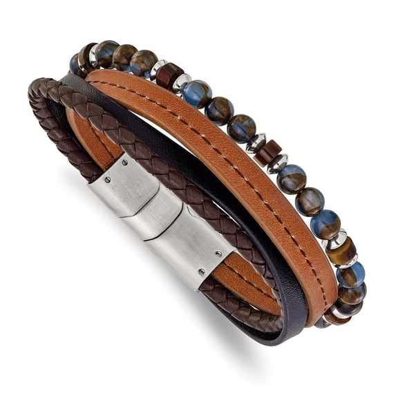 Diamond2Deal Stainless Steel Blue Golden and Tiger's Eye Beaded Black and Brown Leather Multi Strand .5 in Ext Bracelet for Men 8.5"