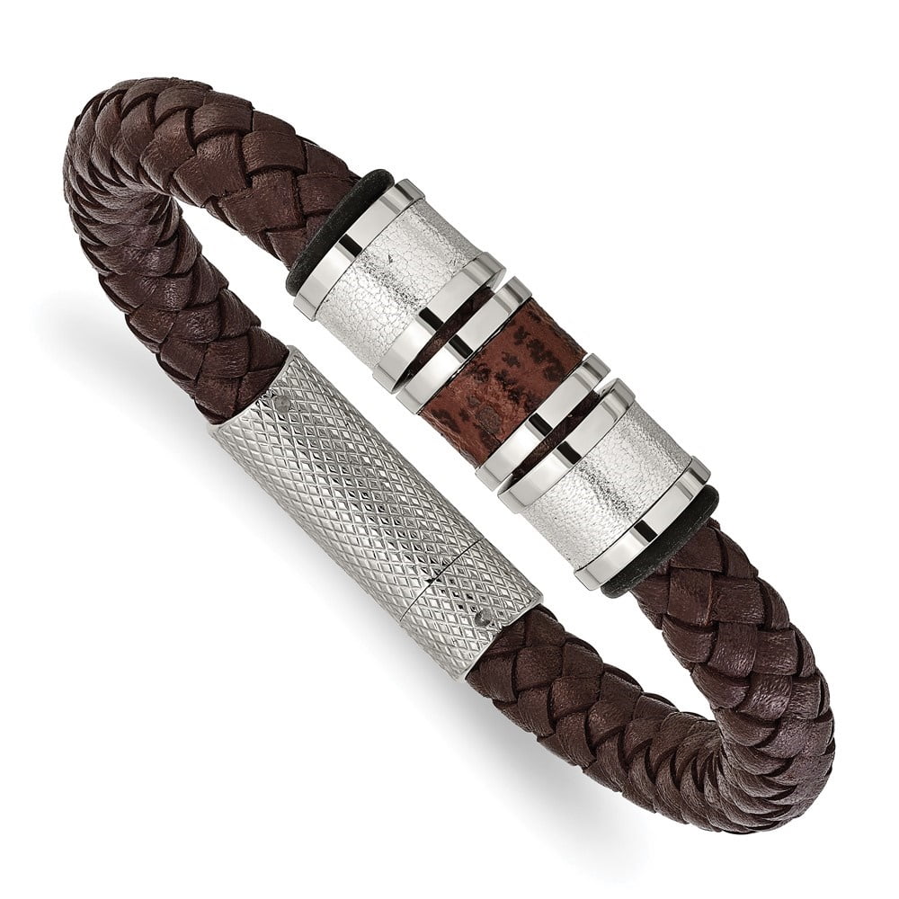 Diamond2Deal Stainless Steel Brown and Metallic Color Leather with Black Rubber Bracelet for Men 8.25"