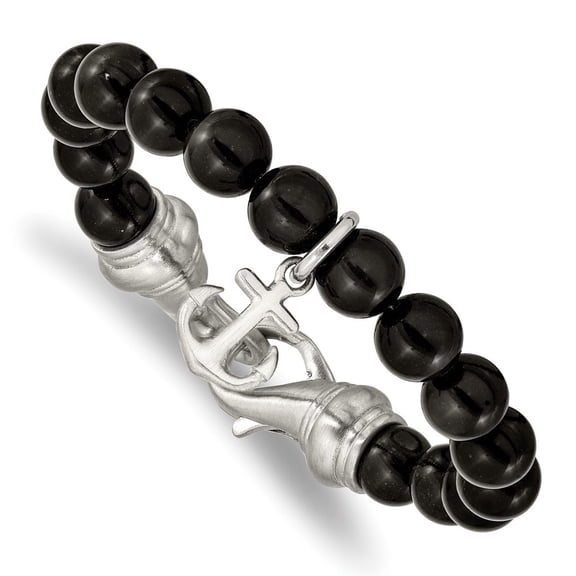 Diamond2Deal Stainless Steel Brushed Anchor Black Agate Beaded Bracelet for Men 8"