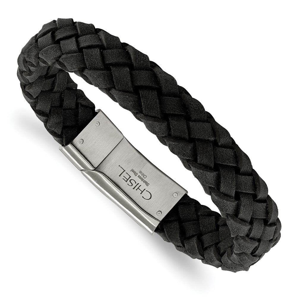 Diamond2Deal Stainless Steel Brushed Black Braided Leather Bracelet for Men 8.25"
