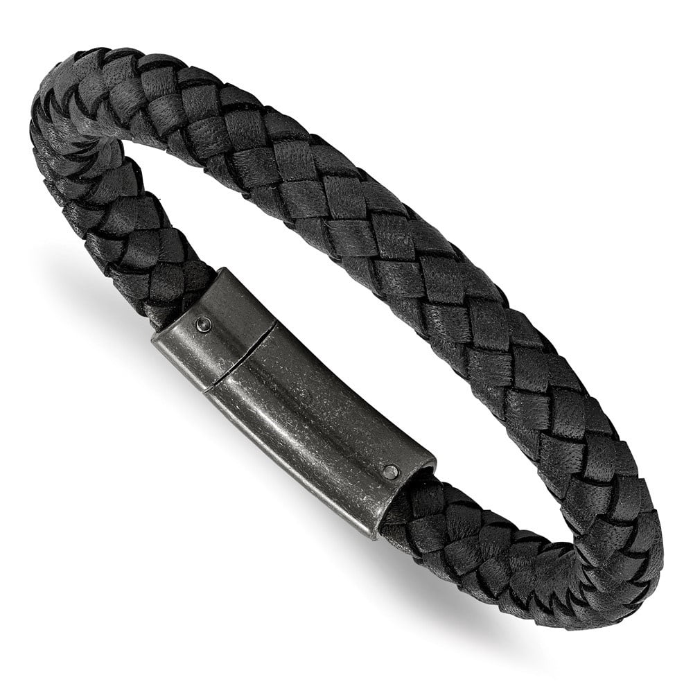 Diamond2Deal Stainless Steel Brushed Black Braided Leather Bracelet for Men 8.25"