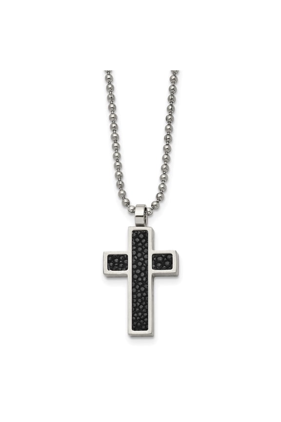 Stainless Steel Brushed Black Genuine Stingray Inlay Cross Pendant on a Ball Chain Necklace for Men 24"