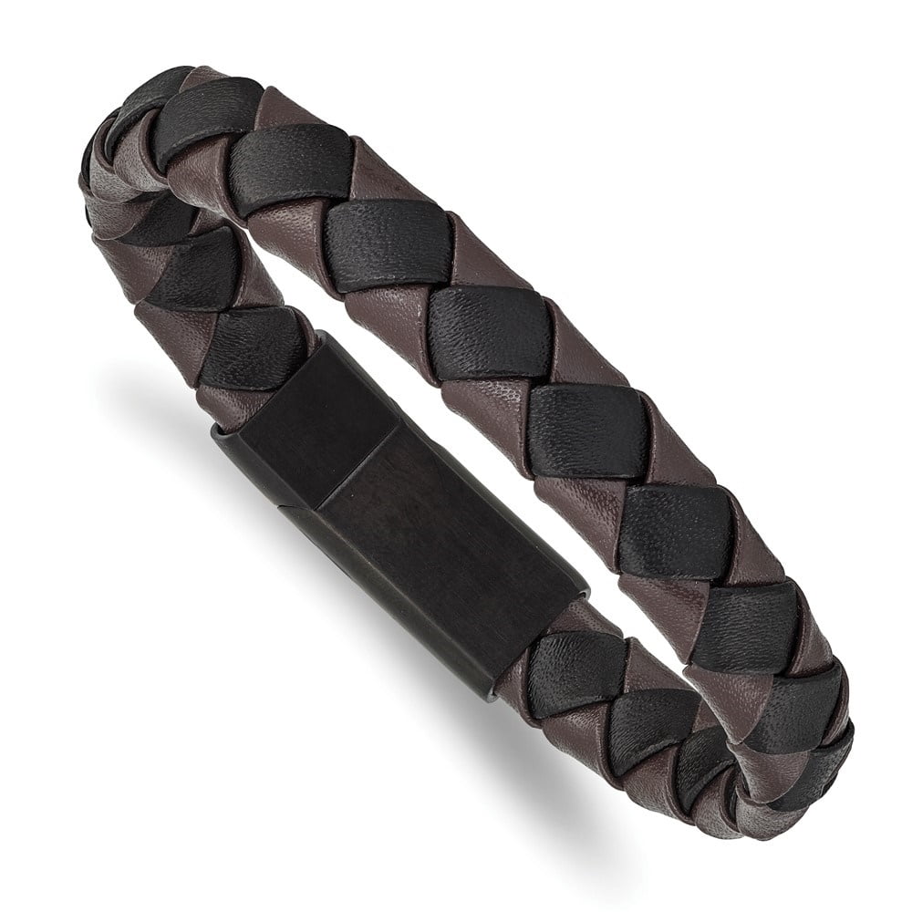 Diamond2Deal Stainless Steel Brushed Black IP-Plated Black and Brown Leather Bracelet for Men 8.25"