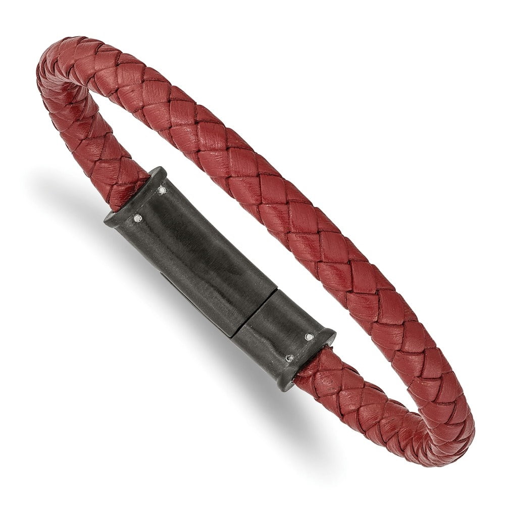 Diamond2Deal Stainless Steel Brushed Black IP-Plated Red Braided Leather Bracelet for Men 8.5"