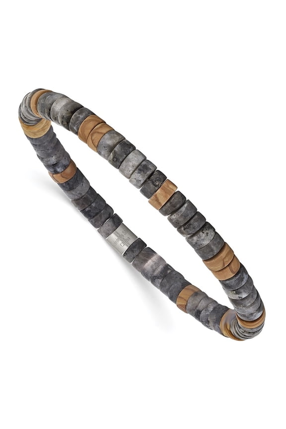 Stainless Steel Brushed Black Spectrolite and Grain Stone Beaded Stretch Bracelet for Women 7.25"