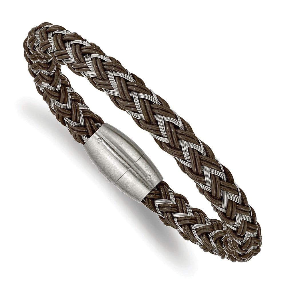 Diamond2Deal Stainless Steel Brushed Braided Wire and Brown Rubber Bracelet for Men 8.5"