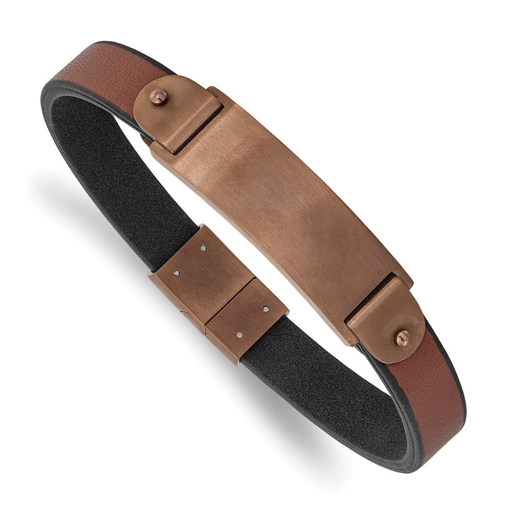 Diamond2Deal Stainless Steel Brushed Brown IP-Plated Brown Leather ID Bracelet for Men 8.5"