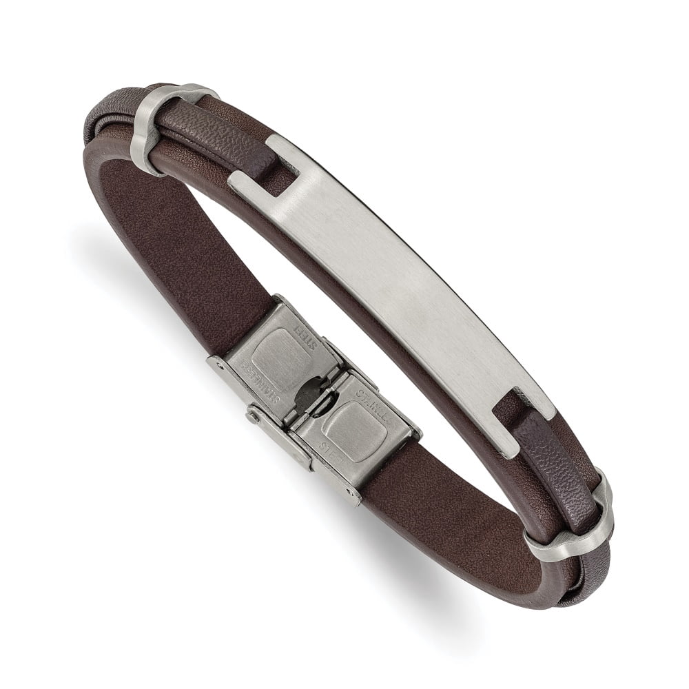 Diamond2Deal Stainless Steel Brushed Brown Leather ID Bracelet for Men 8.5"