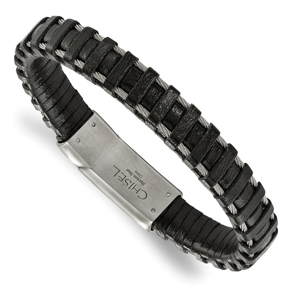 Diamond2Deal Stainless Steel Brushed Cable and Black Leather Bracelet for Men 8.5"