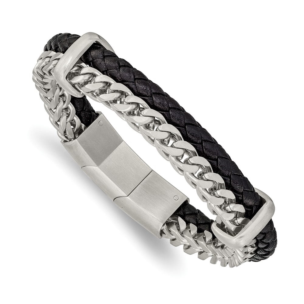 Diamond2Deal Stainless Steel Brushed Chain and Black Braided Leather Bracelet for Men with .5 In Ext 8"