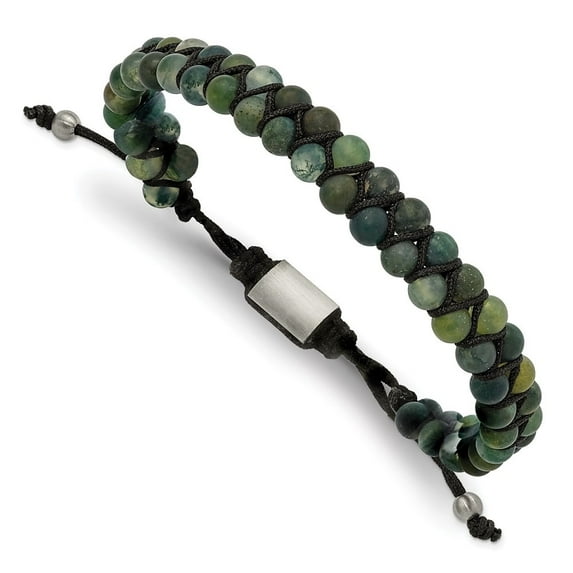 Diamond2Deal Stainless Steel Brushed Green Agate Black Nylon Adjustable Bracelet for Women