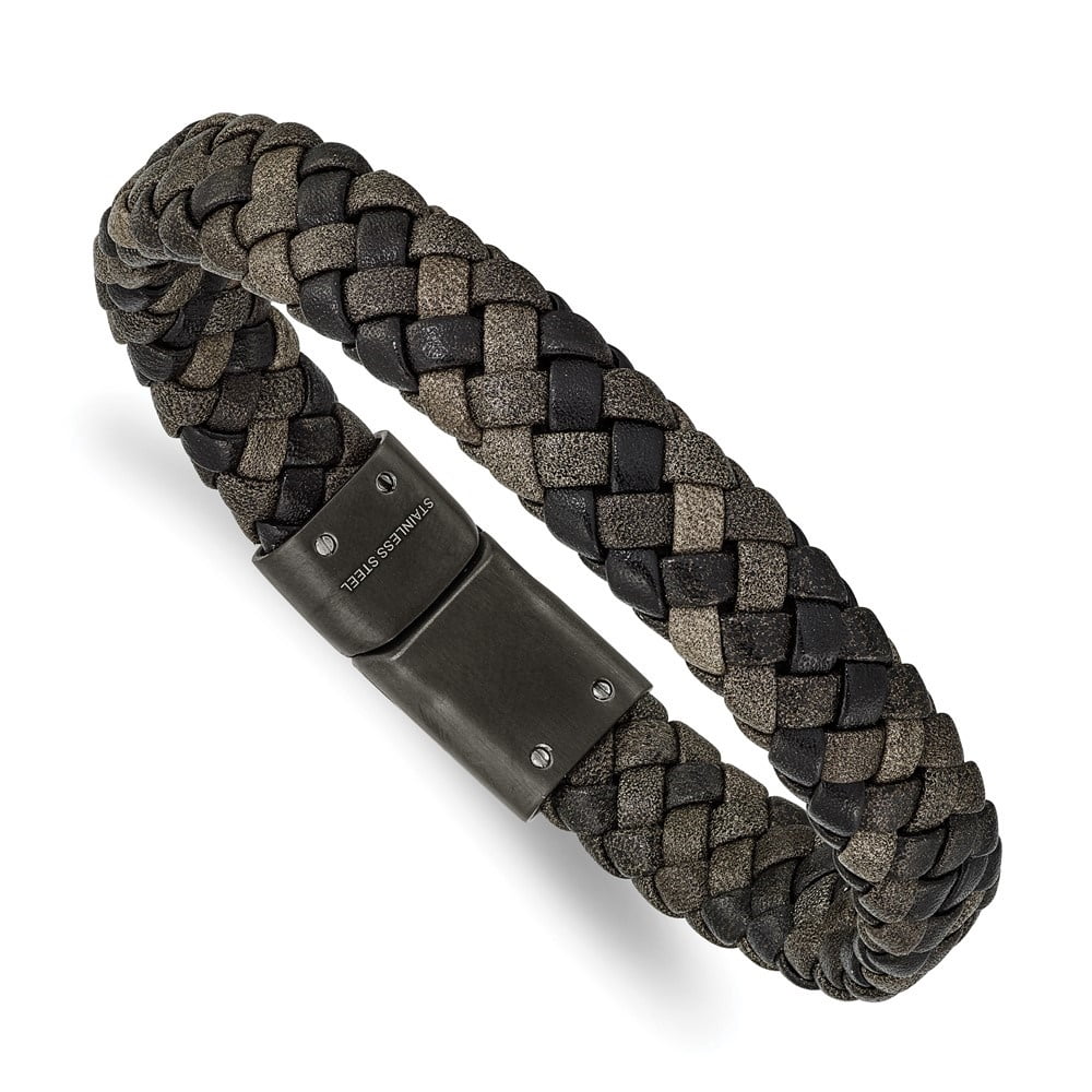Diamond2Deal Stainless Steel Brushed Gun Metal IP-Plated Brown Braided Leather Bracelet for Men 8.25"