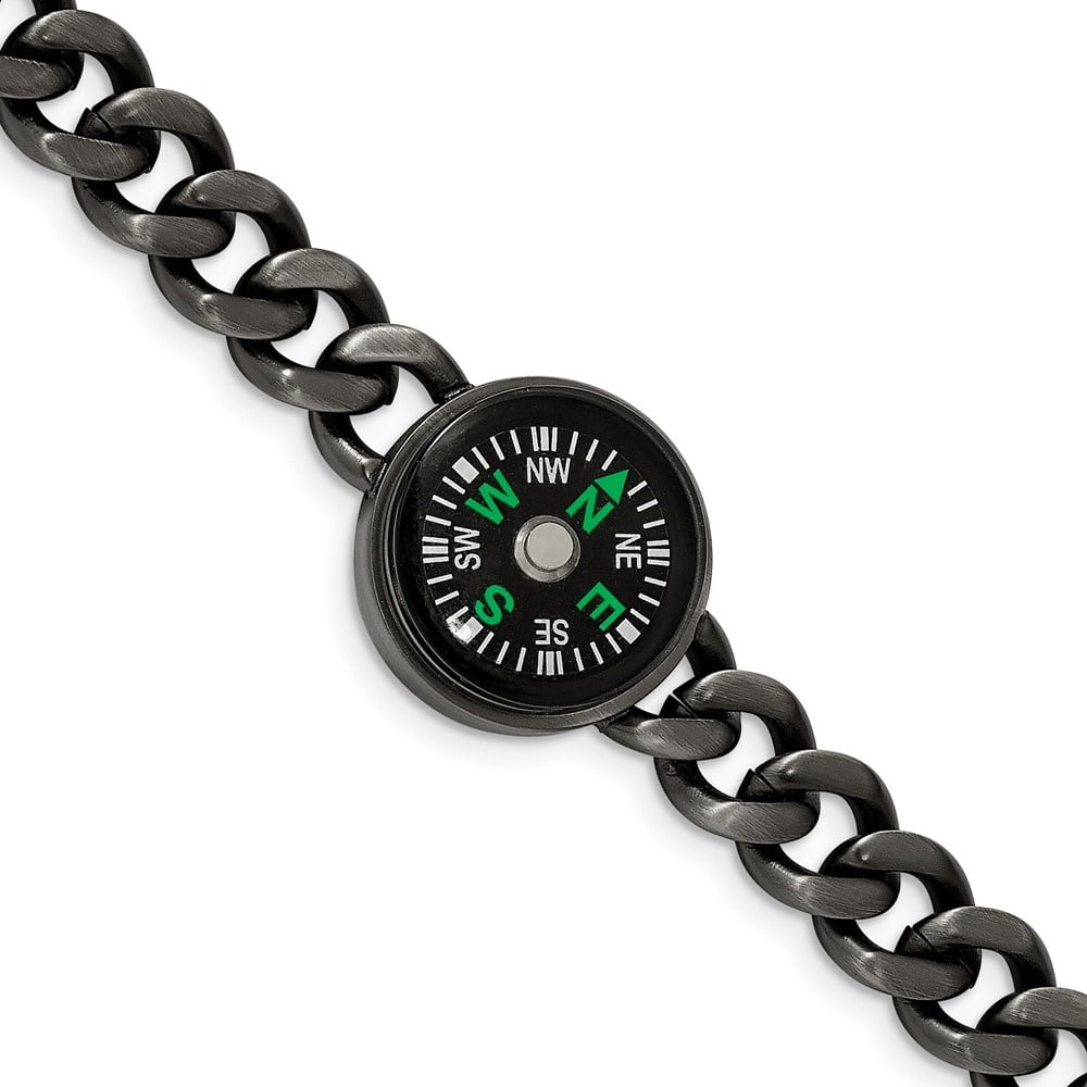 Diamond2Deal Stainless Steel Brushed Gun Metal IP-Plated with Functional Compass Bracelet for Men 8.25"