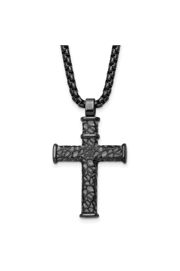 Stainless Steel Brushed Gun Metal IP-plated Cross Pendant on a Box Chain Necklace for Women 24"