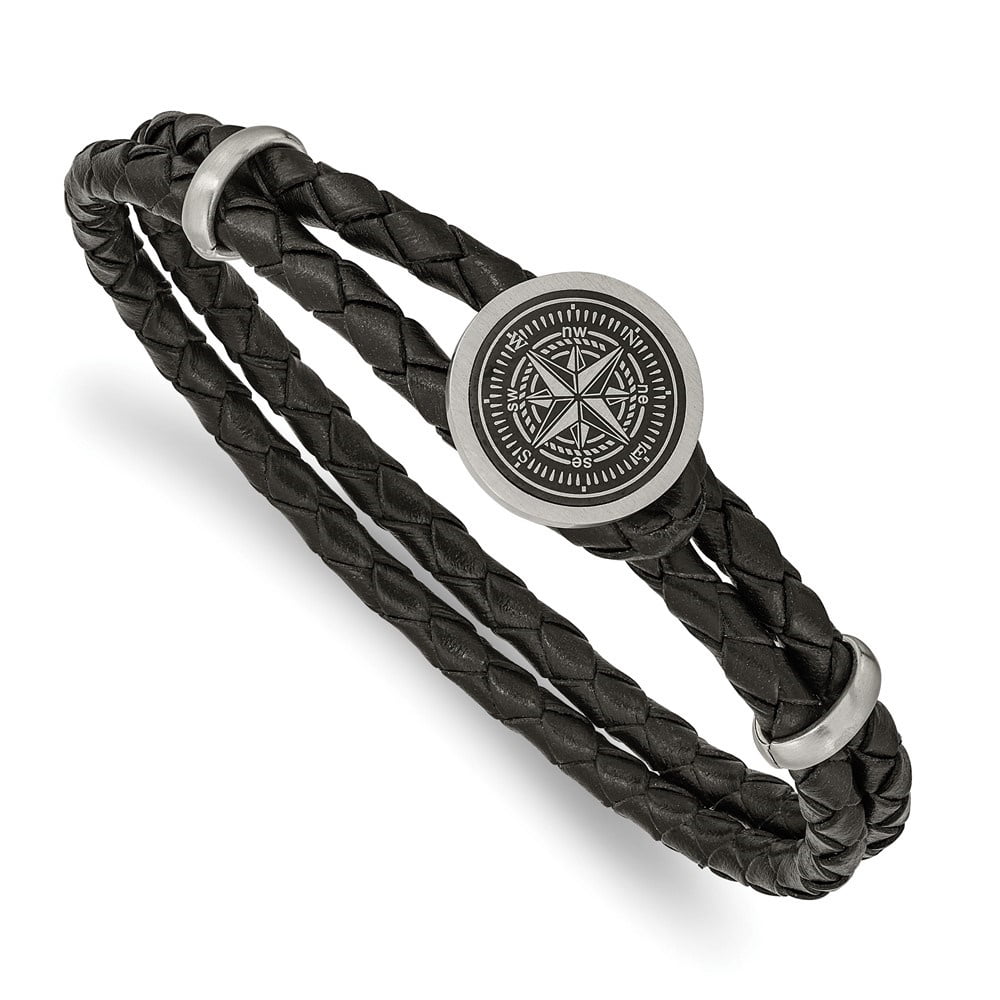 Diamond2Deal Stainless Steel Brushed Laser Design Compass Black Woven Leather Bracelet for Men 8.5"