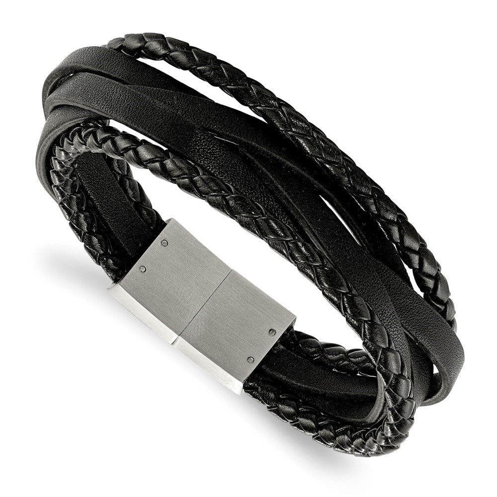 Diamond2Deal Stainless Steel Brushed Multi Strand Black Braided Leather Bracelet for Men 8.25"