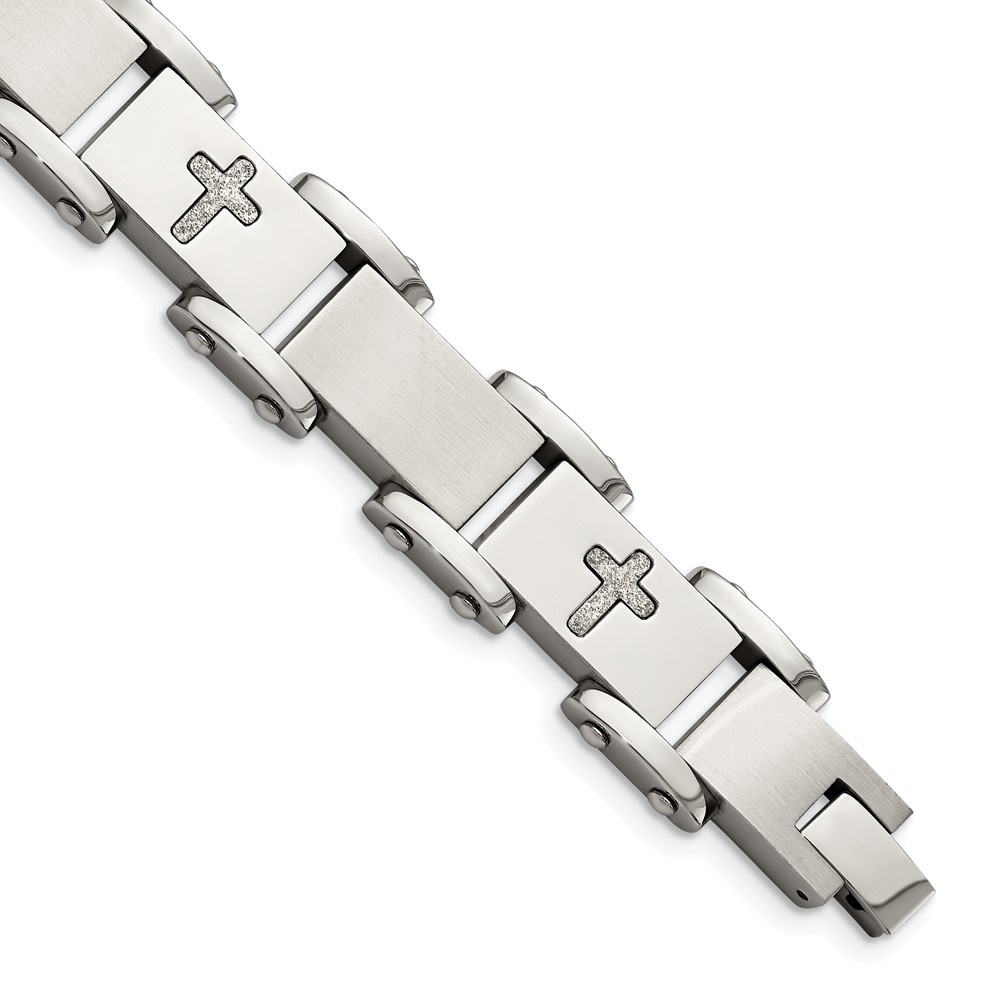 Diamond2Deal Stainless Steel Brushed Polished and Laser Cut Crosses Link Bracelet for Men 8.75"