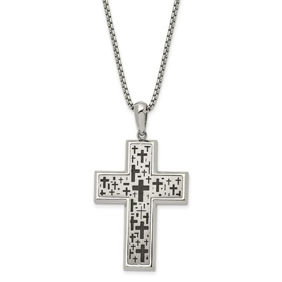 Diamond2Deal Stainless Steel Brushed Polished and Laser cut Black IP-plated Cross Pendant on a Box Chain Necklace for Men 24"