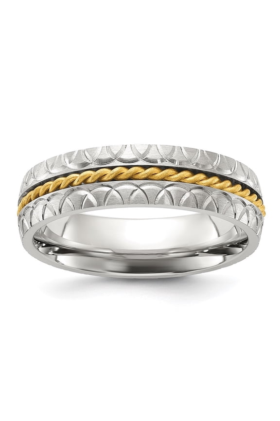 Stainless Steel Brushed, Polished and Textured Yellow IP-plated Center 6mm Band Size 11.5