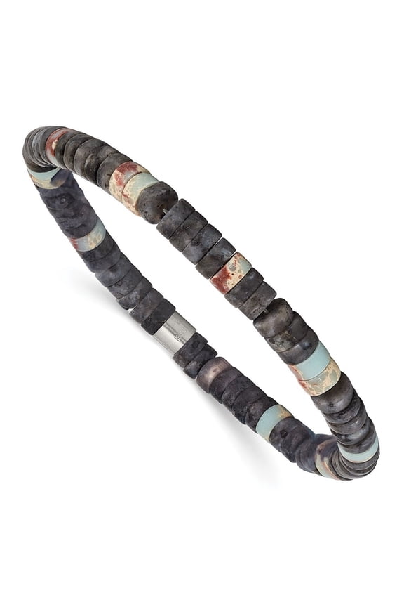Stainless Steel Brushed Shoushan and Black Spectrolite Beaded Stretch Bracelet for Women 7.5"