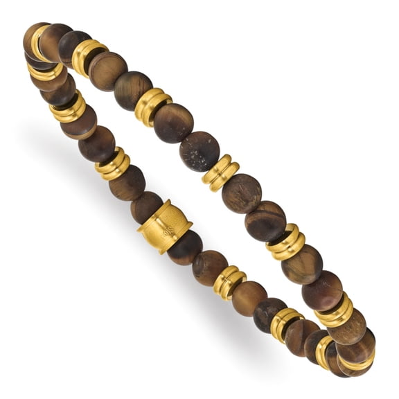 Diamond2Deal Stainless Steel Brushed Yellow IP-Plated 6.5mm Tiger's Eye Beaded Stretch Bracelet for Women 7.5"