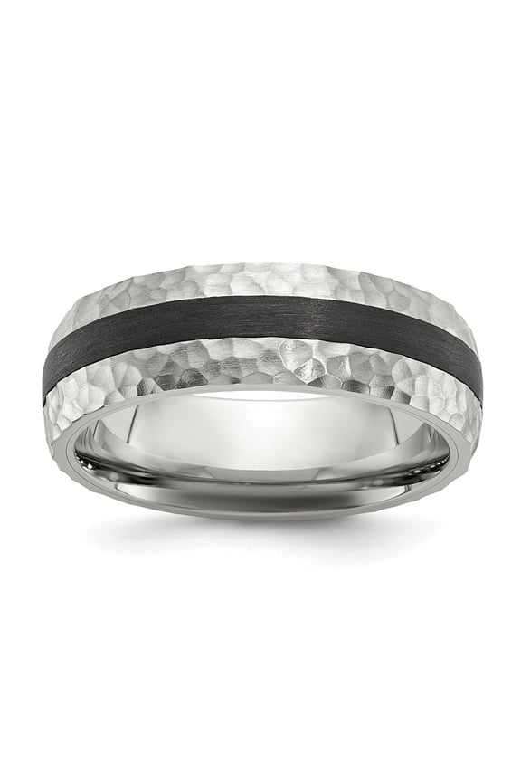 Stainless Steel Brushed and Hammered Black Carbon Fiber Inlay 7mm Men's Band Size 13