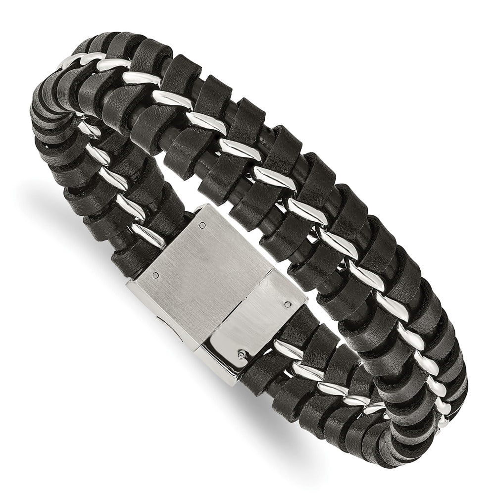 Diamond2Deal Stainless Steel Brushed and Polished Black Leather Bracelet for Men 9"