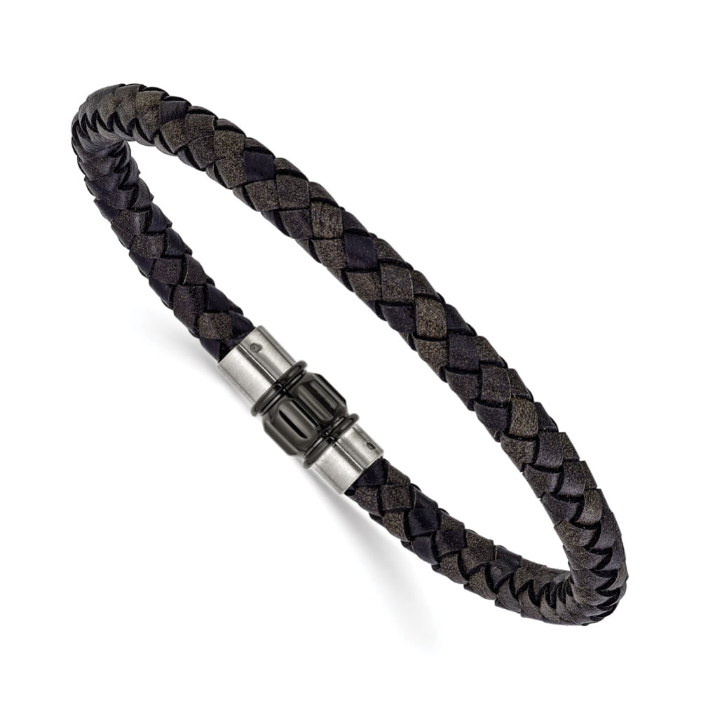 Diamond2Deal Stainless Steel Brushed and Polished Black Woven Leather Bracelet for Men 8.5"