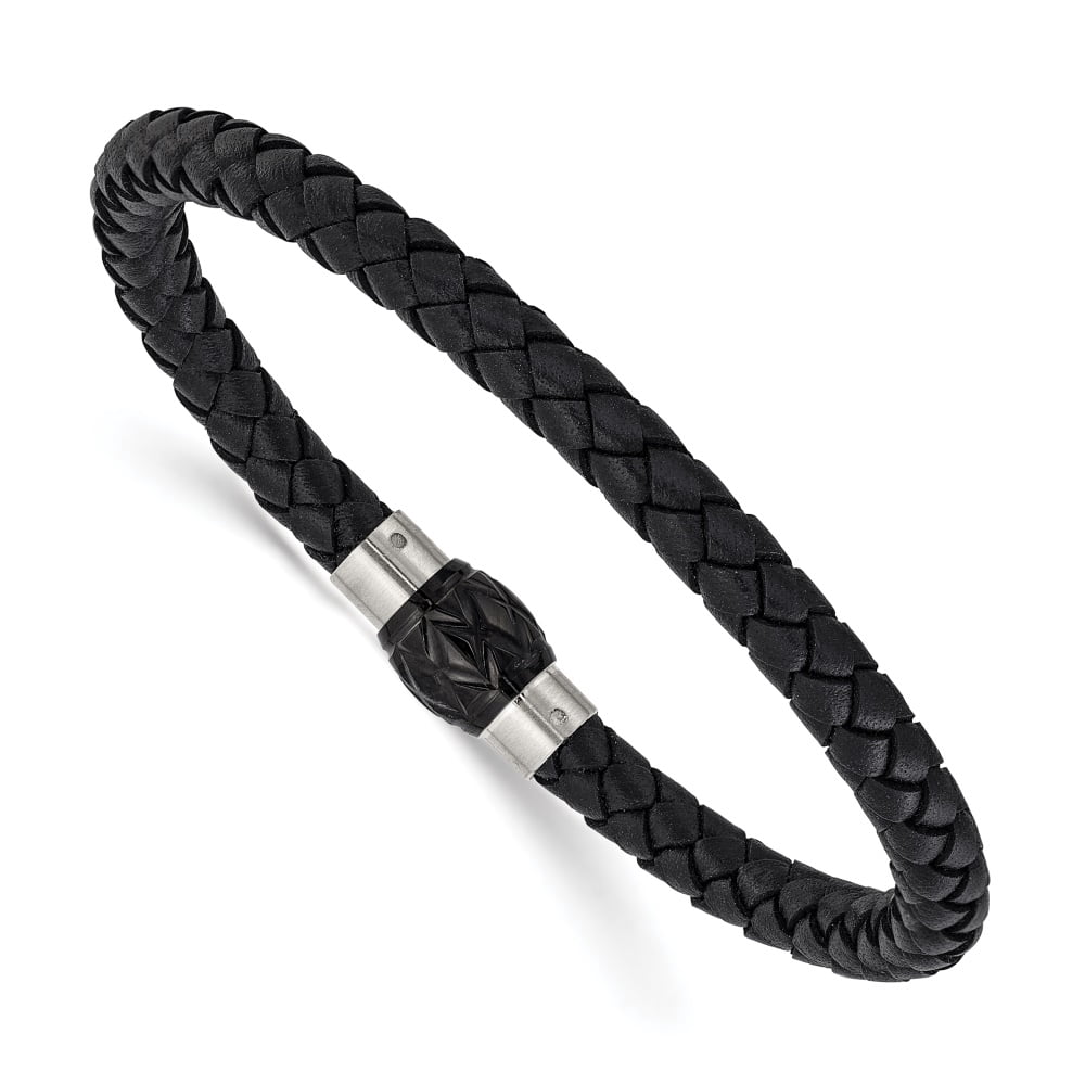 Diamond2Deal Stainless Steel Brushed and Polished Black Woven Leather Bracelet for Men 8.5"