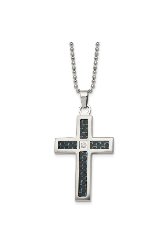 Stainless Steel Brushed and Polished Black and Blue Carbon Fiber Inlay with CZ Cross Pendant on a Ball Chain Necklace for Mens 22"