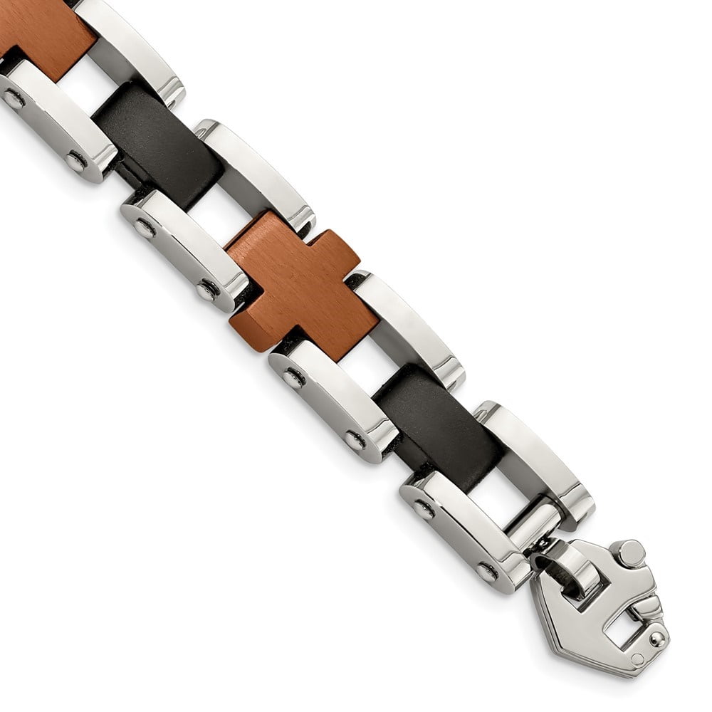 Diamond2Deal Stainless Steel Brushed and Polished Black and Brown IP-Plated Cross Link Bracelet for Men 8.75"