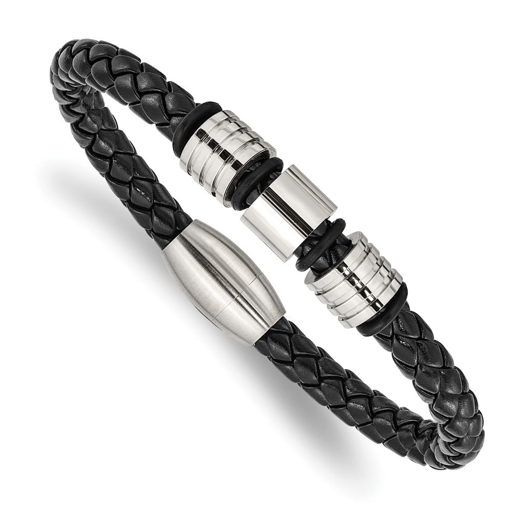 Diamond2Deal Stainless Steel Brushed and Polished Braided Black Leather Bracelet for Men 8.5"