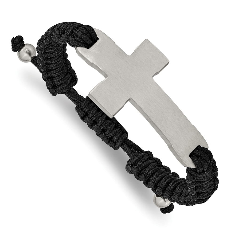 Diamond2Deal Stainless Steel Brushed and Polished Cross Black Nylon Adjustable Bracelet for Men