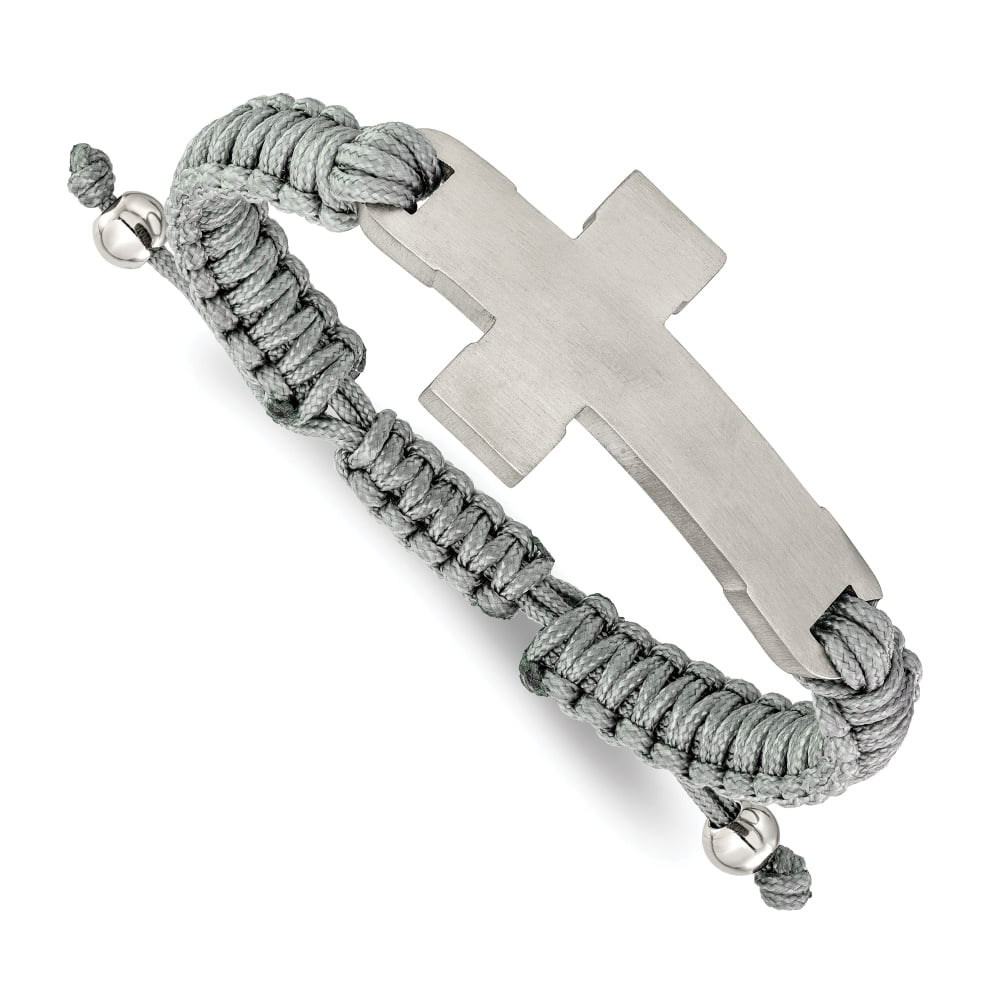 Diamond2Deal Stainless Steel Brushed and Polished Cross Grey Nylon Adjustable Bracelet for Men 7.5"