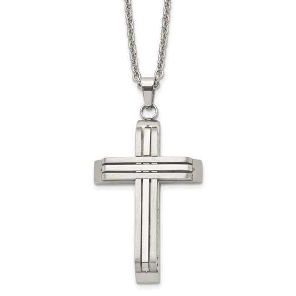 Diamond2Deal Stainless Steel Brushed and Polished Cross on a Cable Chain Necklace for Men 22"