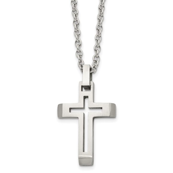 Diamond2Deal Stainless Steel Brushed and Polished Cut-out Cross Pendant on a Cable Chain Necklace for Men 20"