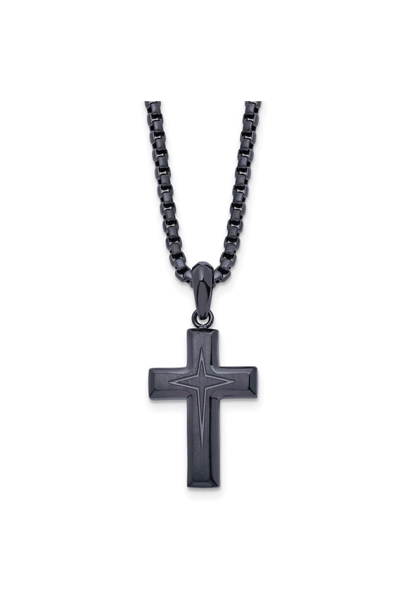 Stainless Steel Brushed and Polished Dark Grey IP-plated Cross Pendant on a Box Chain Necklace for Women 24"
