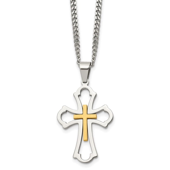Diamond2Deal Stainless Steel Brushed and Polished Yellow IP-plated Cross Pendant on a Curb Chain Necklace for Women 22"