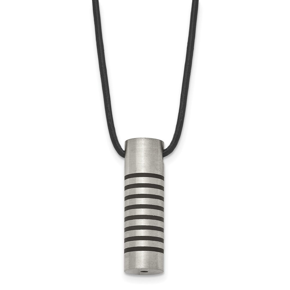 Diamond2Deal Stainless Steel Brushed and Polished with Black Rubber Cylinder on an Leather Cord Necklace for Men 18"